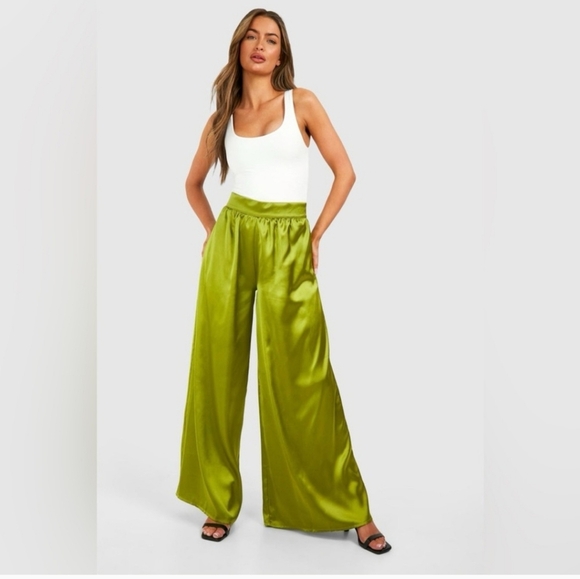 Mermaids Wide Leg Flowy Pants High Waist Shiny Green Small - Picture 3 of 8